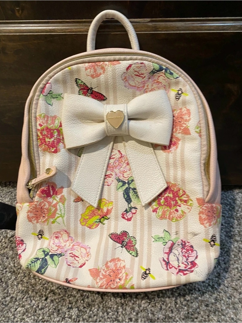 Betsey Johnson Cream and Pink Floral Bow Small Backpack
